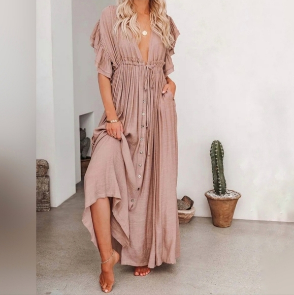 Dresses New Gauze Cover Up Maxi Dress Button Front Deep Plunge Nude
